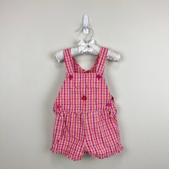Vintage OshKosh B'gosh Pink Orange Plaid Flower Shortall 2T - Picture 1 of 9